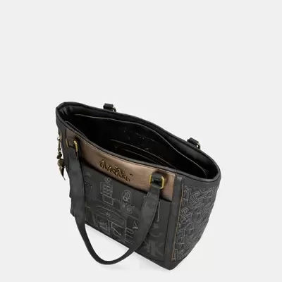 Mala de senhora preta e castanha com alças e padrões em relevo