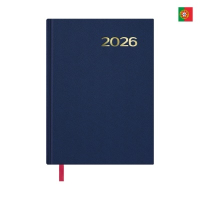 Agenda de capa dura azul escuro com o ano 2026 em dourado e marcador de fita vermelho