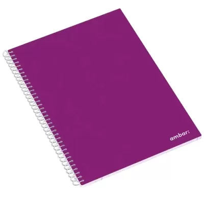 Caderno espiral roxo com capa lisa e texto 'ambar:' no canto inferior direito