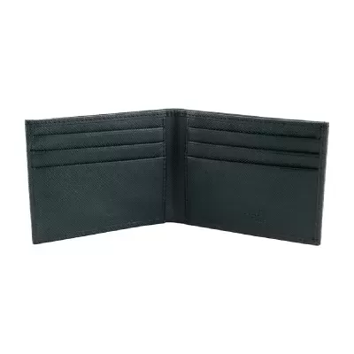 Carteira masculina preta em couro aberta mostrando compartimentos para cartões e notas