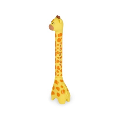 Frasco formato girafa amarelo com manchas laranja e texto HEAD IN THE CLOUDS