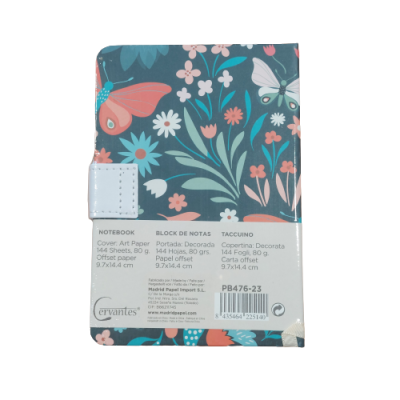 Bloco de notas com capa decorada com flores e borboletas coloridas