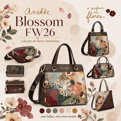 Coleção Blossom da Anekke com malas e carteiras florais em tons terra e detalhes dourados