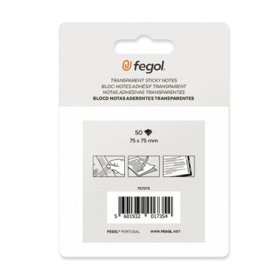 Bloco de notas autoadesivas transparentes Fegol em embalagem branca