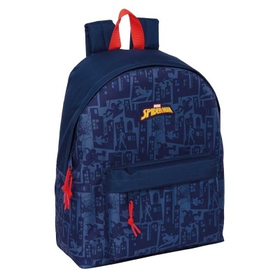 Mochila azul escura com padrão gráfico e logo Marvel SPIDER-MAN