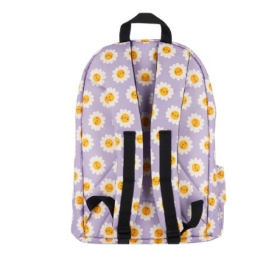 Mochila lilás com padrão de flores amarelas e alças pretas