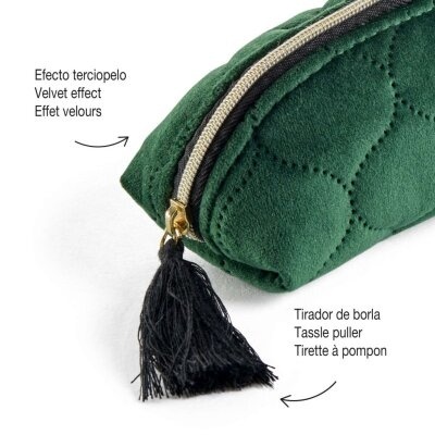 Estojo de veludo verde com borla preta no fecho