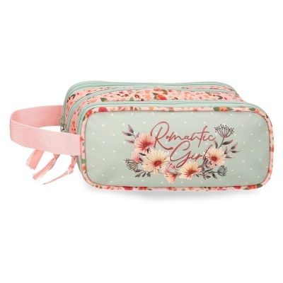 Estojo retangular floral verde-água com frase 'Romantic Girl' e alça rosa