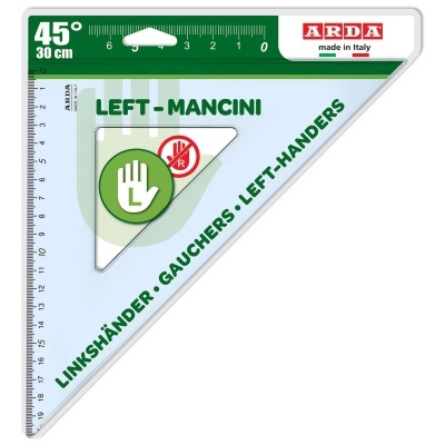 Esquadro triangular para canhotos ARDA com medidas e marcações em verde