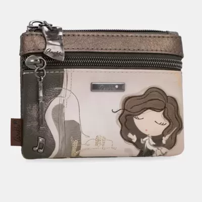 Carteira pequena com fecho e decoração de menina e música em tons castanho, bege e cinzento