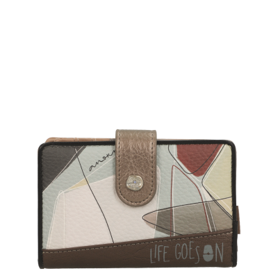 Carteira com padrão abstrato colorido e fecho com botão de pressão