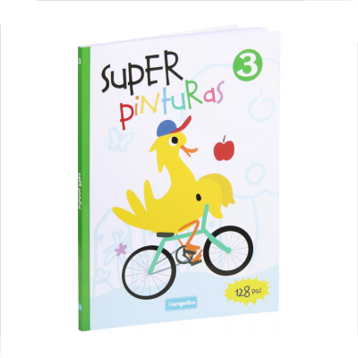 Livro infantil SUPER pinturas 3 com pato amarelo de bicicleta.