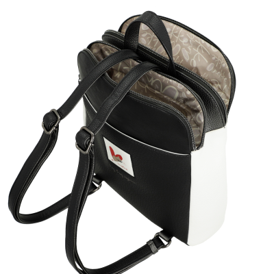 mochila preta e branca em couro sintético com interior estampado