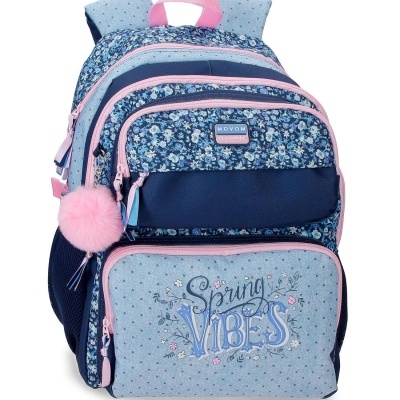 Mochila azul floral com detalhes rosa e texto Spring Vibes