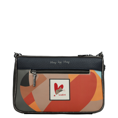 Mala de ombro multicolor com padrão geométrico e fecho de correr