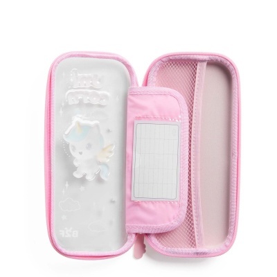 Estojo rosa para lápis com unicórnio branco na tampa transparente