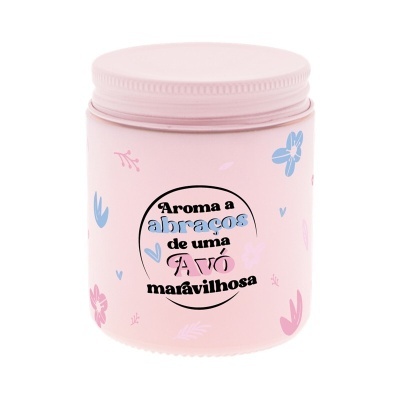 Frasco de plástico cor-de-rosa com tampa e texto decorativo