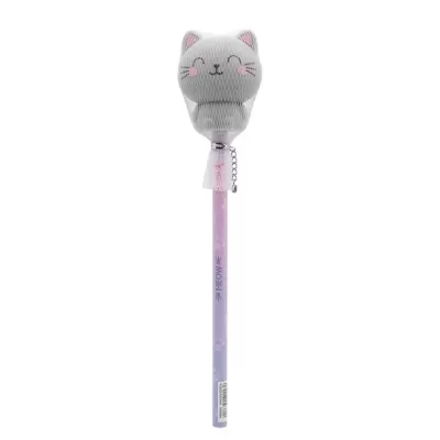 Caneta com cabeça em forma de gato cinzento e cabo roxo com patas