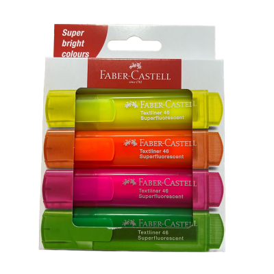 Marcadores fluorescentes Faber-Castell em várias cores, embalagem branca com texto vermelho.