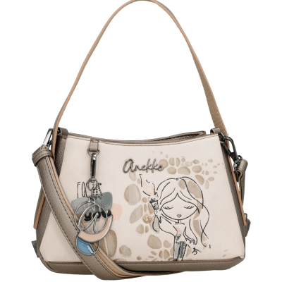 Mala de ombro bege e castanha Anekke com ilustração feminina