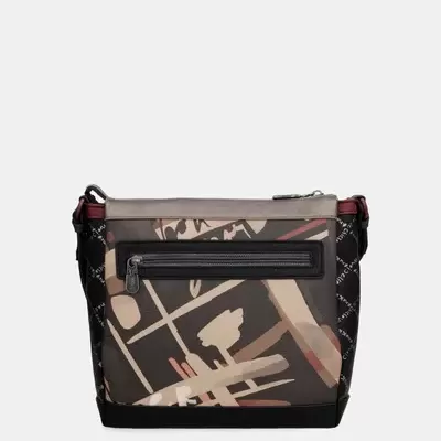 Mala transversal com padrão abstrato em tons castanho, bege, preto e vermelho