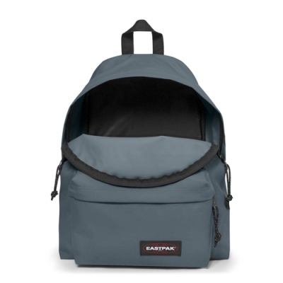 Mochila cinza EASTPAK com bolso frontal e interior preto aberta