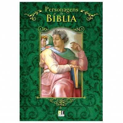 Capa de livro verde com título 'Personagens da Bíblia' e ilustração clássica de personagens bíblicos