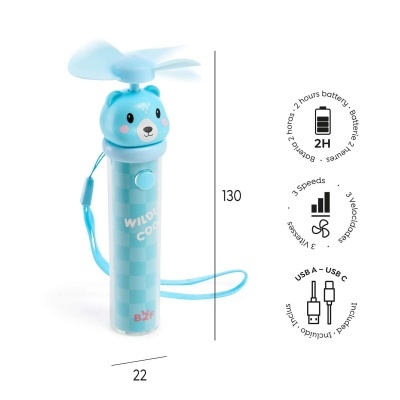 Ventoinha portátil azul com cabeça de urso e botão frontal