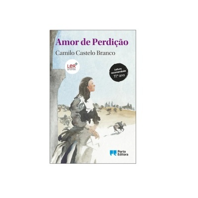 Capa do livro Amor de Perdição de Camilo Castelo Branco com ilustração de uma mulher e um cão