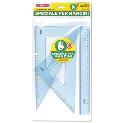 Conjunto de desenho ARDA para canhotos com régua e esquadrias azuis transparentes.