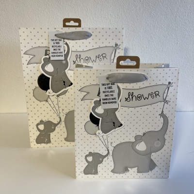 Embalagens para presentes com elefantes cinzentos e padrão de bolinhas cinzentas