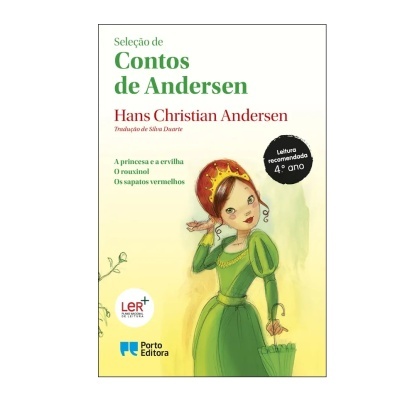 Capa de livro com ilustração de jovem em vestido verde e texto de Hans Christian Andersen