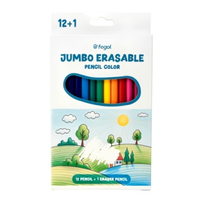 Caixa de lápis coloridos Jumbo Erasable da marca fegol com paisagem desenhada