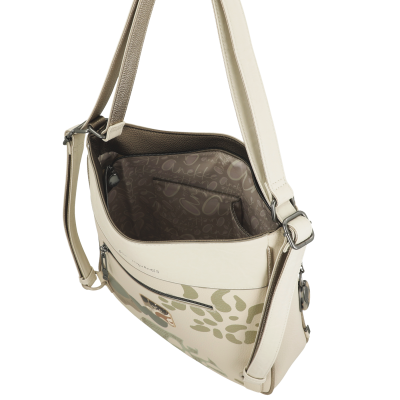 Mala de ombro bege com padrão animal print e interior castanho com texto Anekke