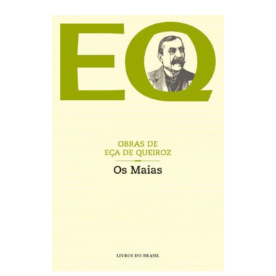 Capa do livro 'Os Maias' de Eça de Queiroz com fundo creme e texto verde