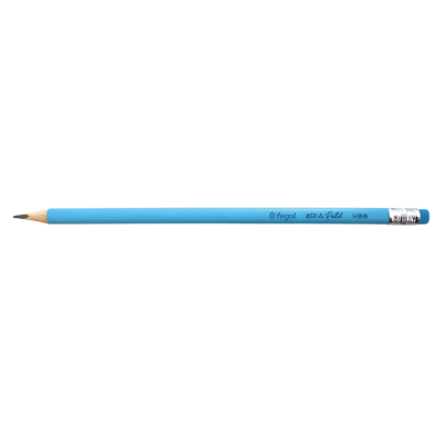 Lápis de madeira azul claro com texto preto e borracha azul num fundo branco.