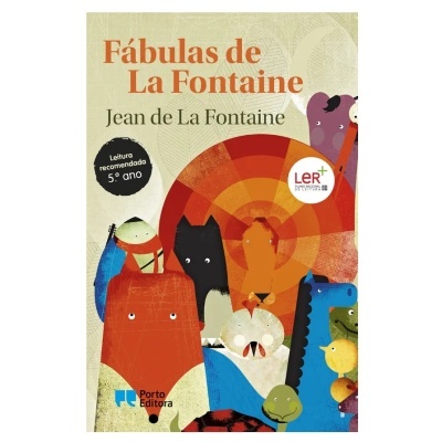 Capa do livro 'Fábulas de La Fontaine' com ilustração colorida de animais e texto
