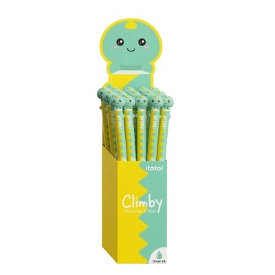 Caixa amarela e verde com canetas apagáveis Climby e tampas decorativas com rosto sorridente.