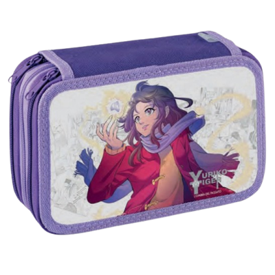 Estojo escolar lilás com ilustração manga e texto