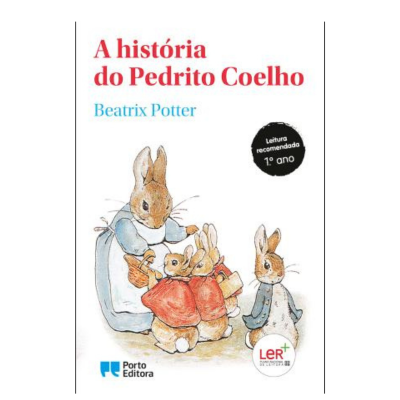 Capa do livro 'A história do Pedrito Coelho' com ilustração de coelhos e selos de recomendação