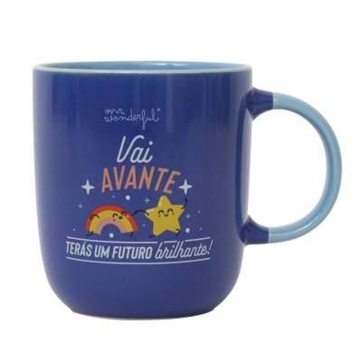 Caneca azul com texto e ilustrações coloridas