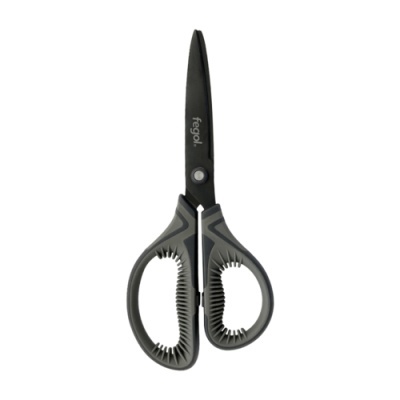 Tesoura preta com punhos ergonómicos cinzentos e pretos