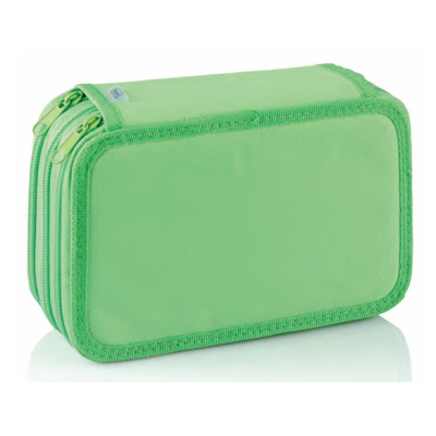 Estojo verde claro com três compartimentos e fechos de correr