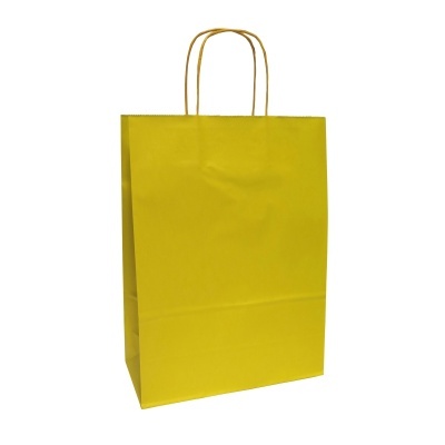 Saco de papel amarelo com alças torcidas