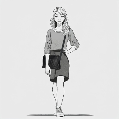 Ilustração a preto e branco de mulher com saia, camisola e bolsa preta tiracolo.