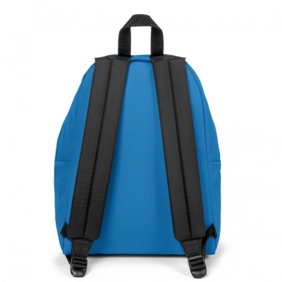 Mochila azul com alças pretas acolchoadas vista de trás