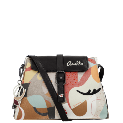 Mala de ombro tipo carteira com padrão abstrato colorido e fecho de fivela