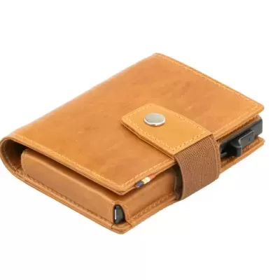 Carteira compacta castanha com fecho metálico e fecho elástico