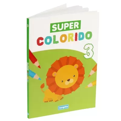 Capa de livro infantil intitulada SUPER COLORIDO 3 com ilustração de leão e lápis coloridos