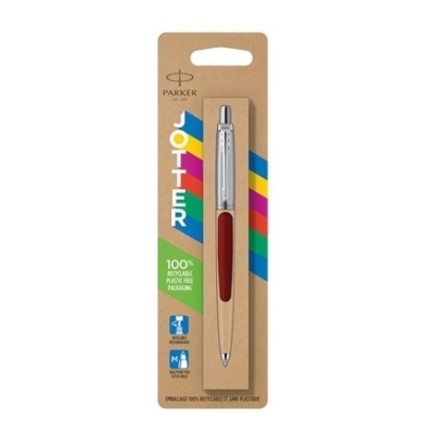 Caneta esferográfica Parker Jotter com corpo em madeira clara e grip vermelho embalada em cartão reciclável
